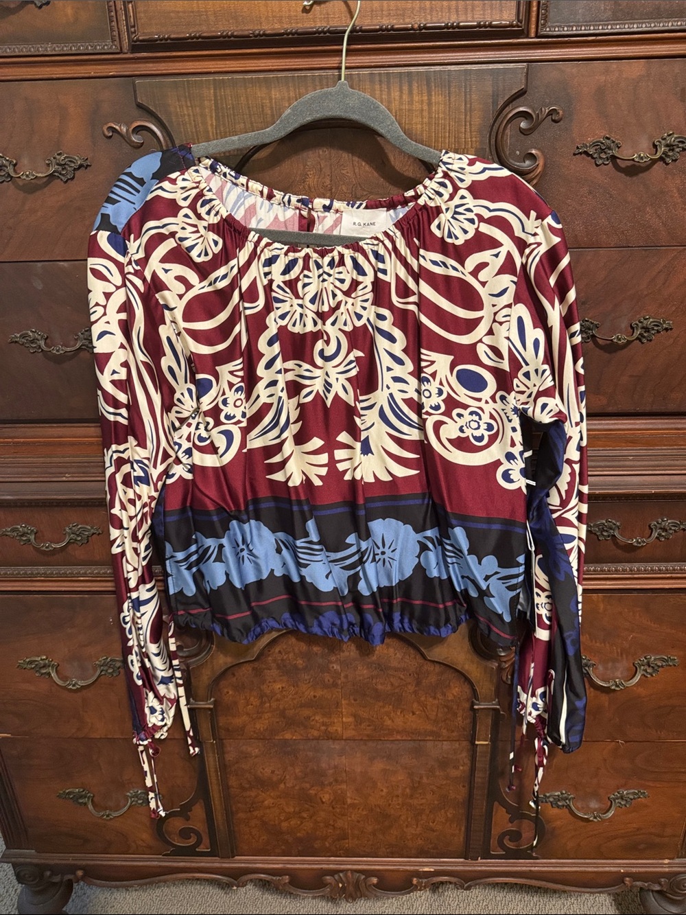 R.G. Kane Theadora Burgundy Floral Peasant Blouse